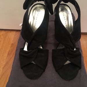 Trina Turk Black Suede Opened Toe Heel Dress Shoes.